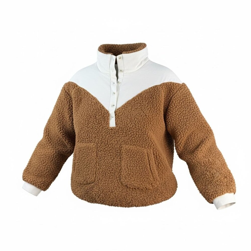KIRUNDO Womens XL Sherpa Fleece Quarter-Snap Pullover Sweatshirt Pockets White C